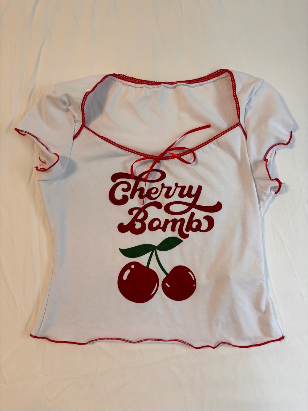 White "Cherry Bomb" Graphic Tie-Front Tee